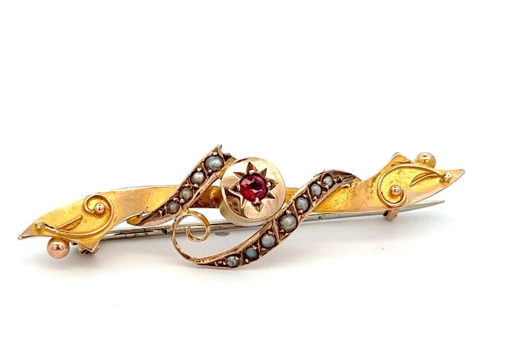 Ruby & Seed Pearl Vintage 9ct Yellow Gold Bar Brooch