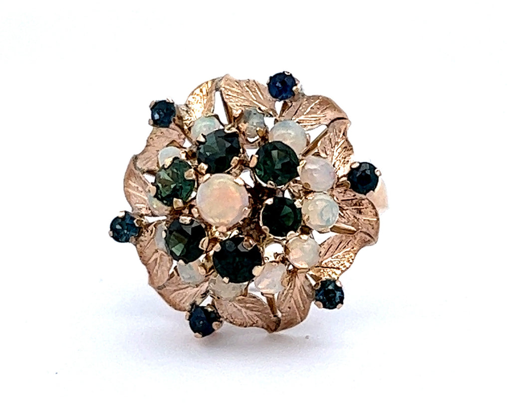 Opal & Sapphire 18ct Yellow Gold Ring with Tiered Leaf Pattern Surround