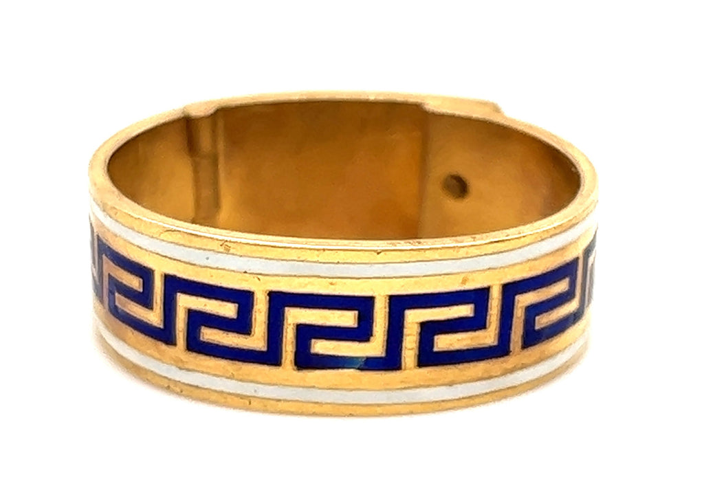 18ct Yellow Gold Hinged Oval Ring with Blue & White Enamel
