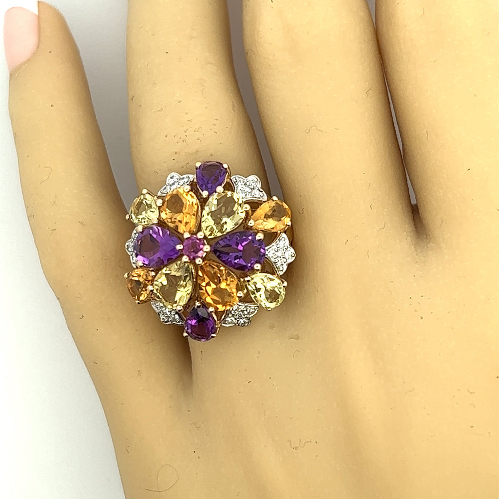 Amethyst, Citrine, Mint Quartz & Diamond Yellow Gold Cocktail Ring