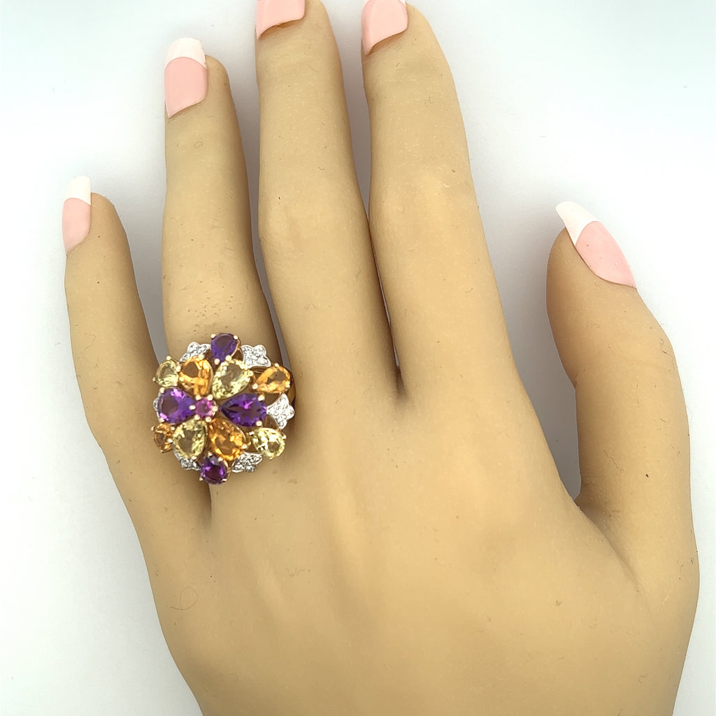 Amethyst, Citrine, Mint Quartz & Diamond Yellow Gold Cocktail Ring