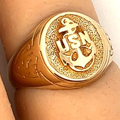 10K Yellow Gold Signet Ring with Anchor & "USN"