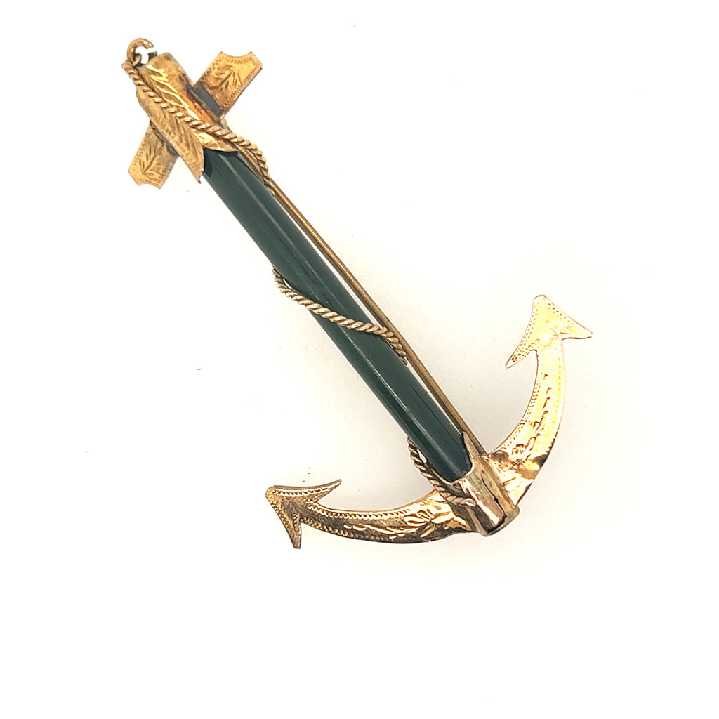 18ct Yellow Gold & Jade Engraved Anchor Brooch