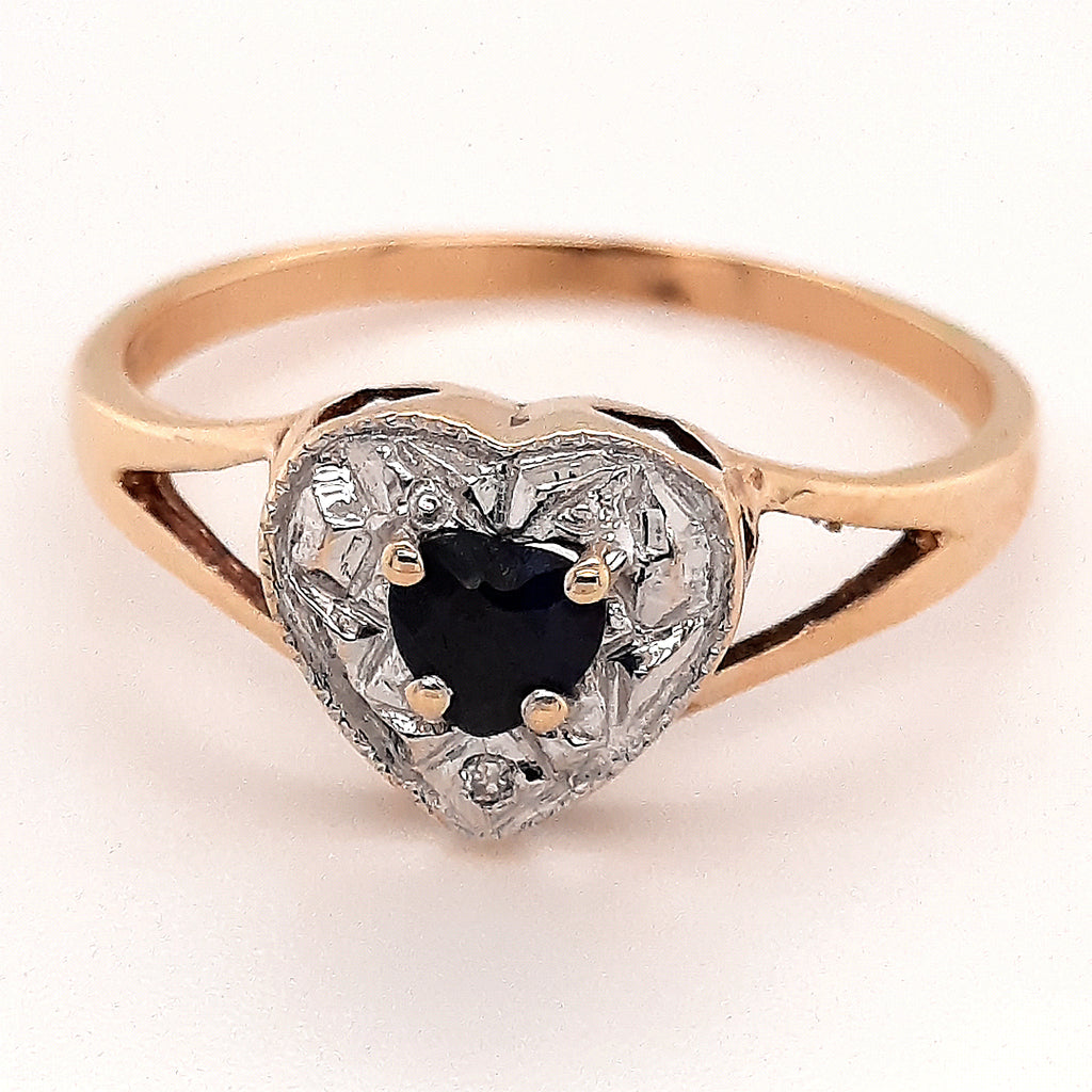 9ct Yellow Gold Sapphire & Diamond Heart Shaped Ring