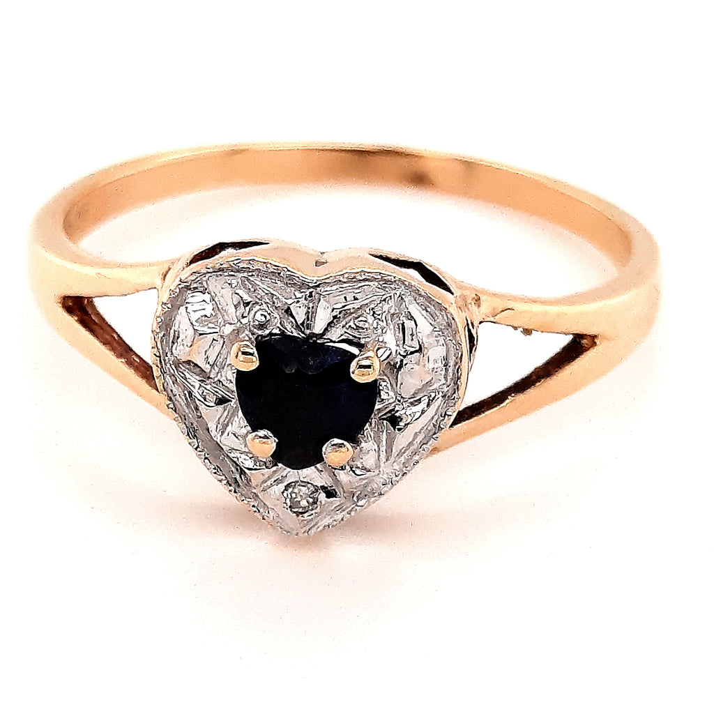 9ct Yellow Gold Sapphire & Diamond Heart Shaped Ring