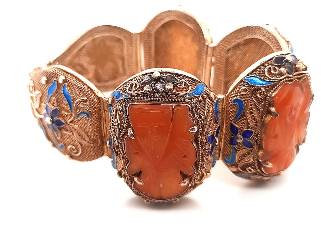 Carnelian & Enamel Gold Plated Silver Vintage Chinese Bracelet 