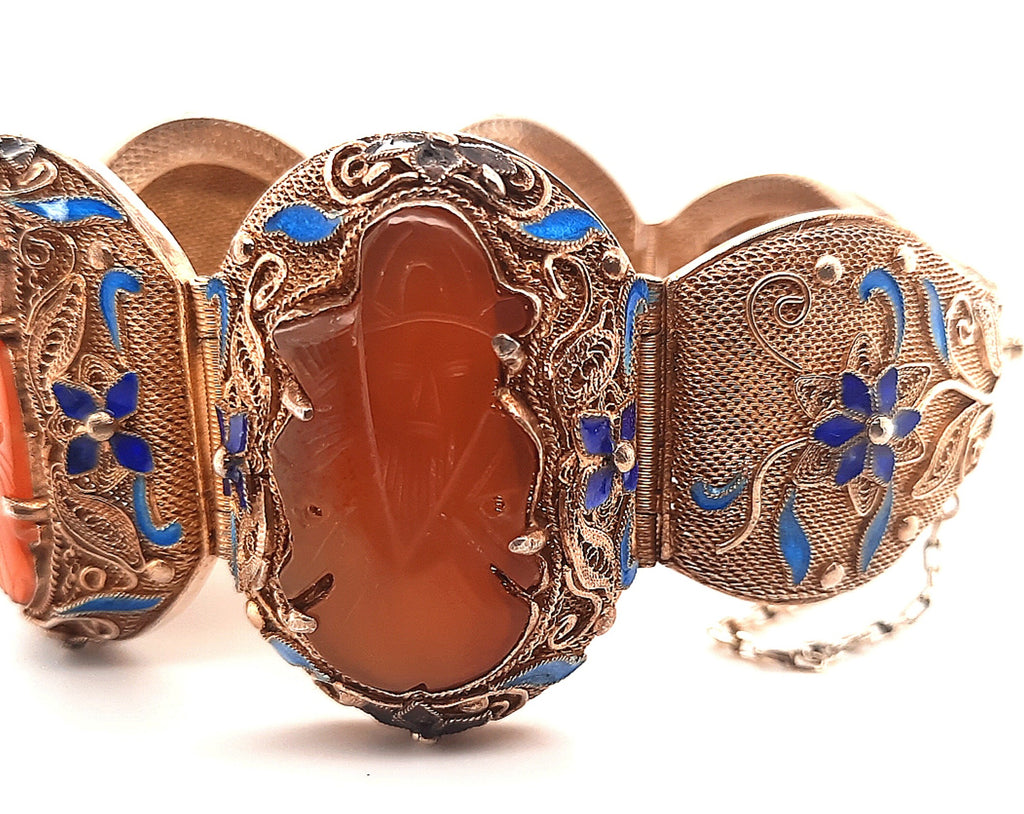 Carnelian & Enamel Gold Plated Silver Vintage Chinese Bracelet 