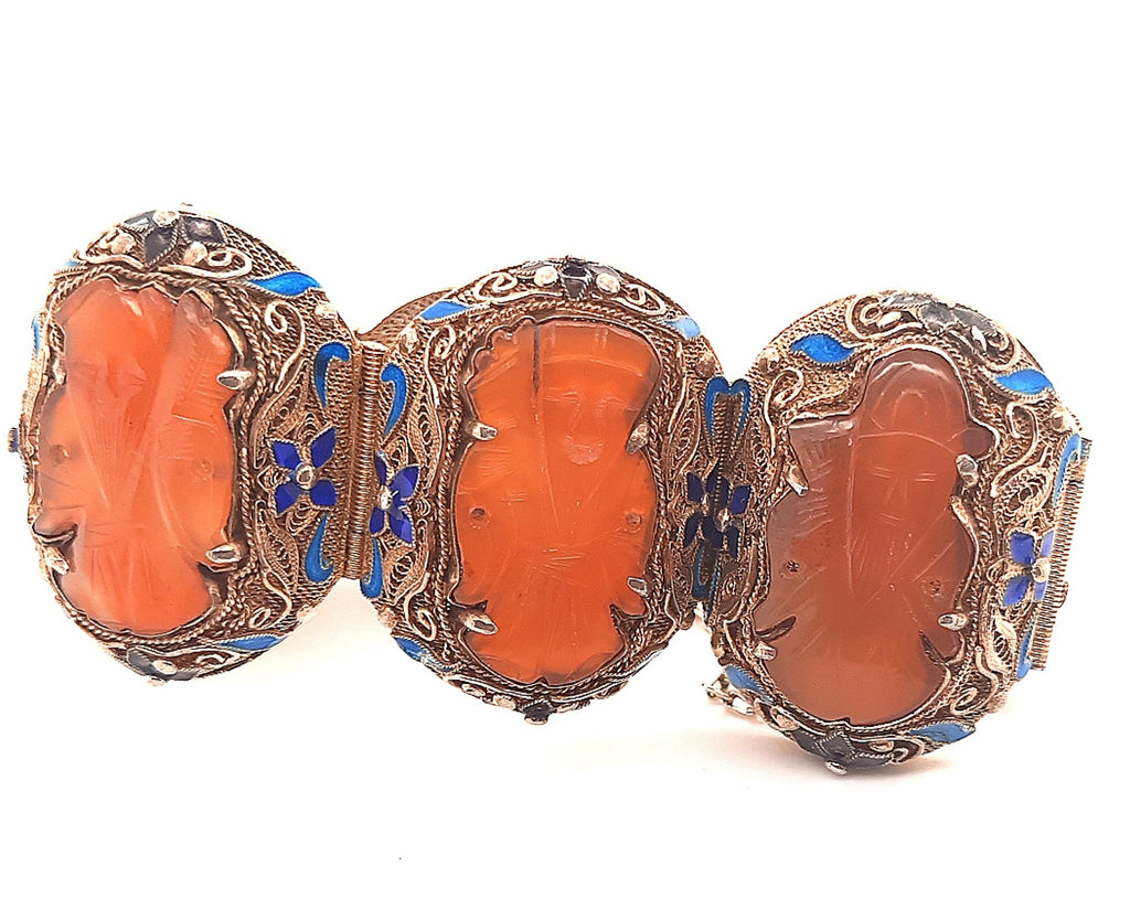 Carnelian & Enamel Gold Plated Silver Vintage Chinese Bracelet 