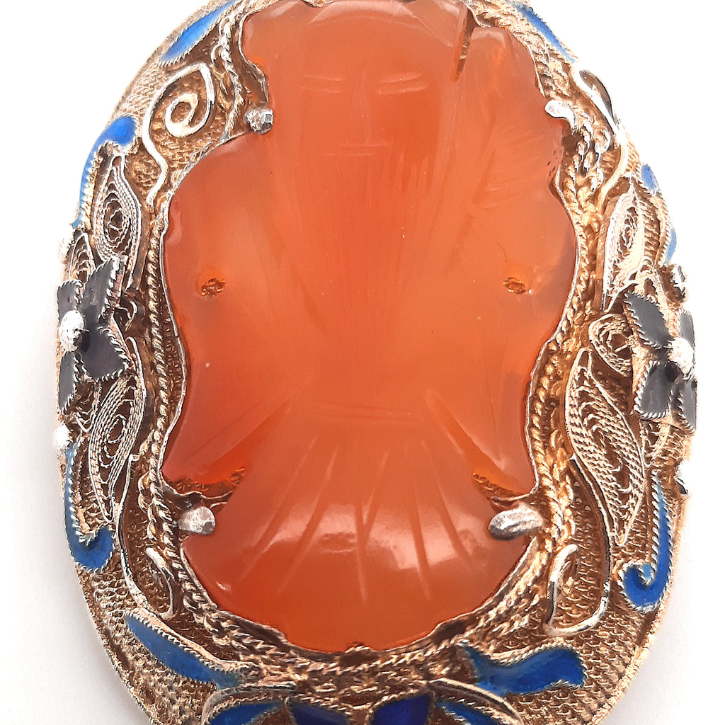 Carnelian & Enamel Gold Plated Silver Vintage Chinese Brooch 