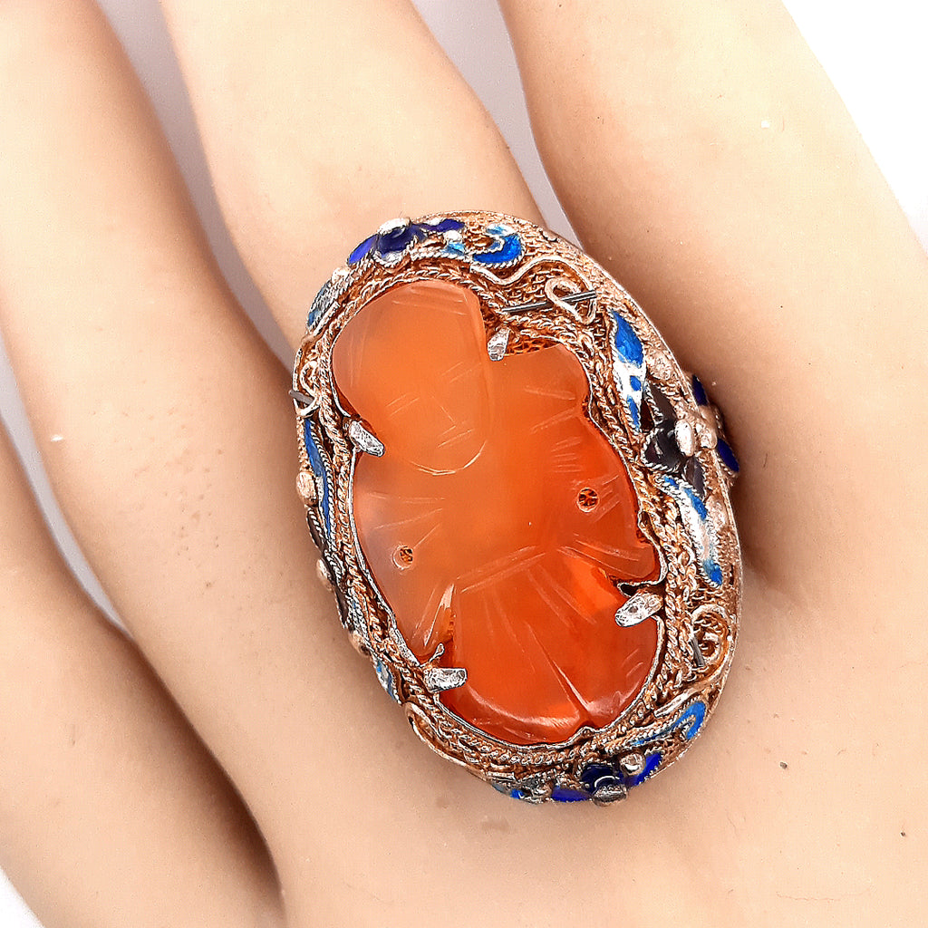 Carnelian & Enamel Gold Plated Silver Vintage Chinese Adjustable Ring