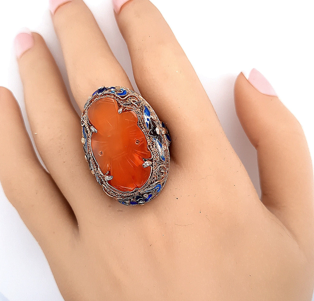 Carnelian & Enamel Gold Plated Silver Vintage Chinese Adjustable Ring