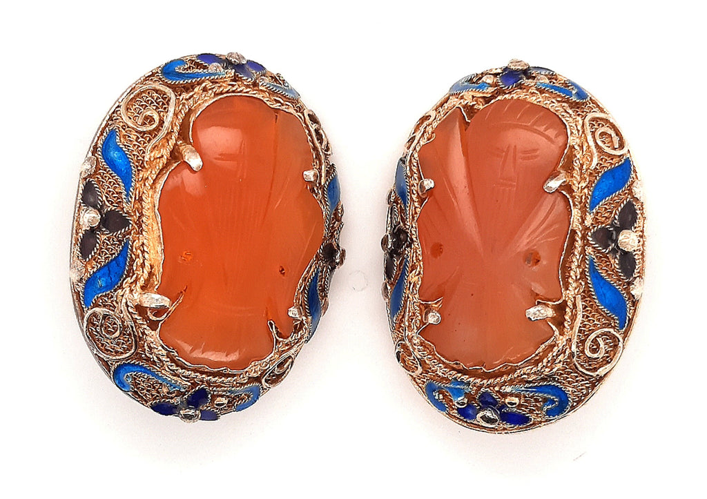 Carnelian & Enamel Gold Plated Silver Vintage Chinese Earrings