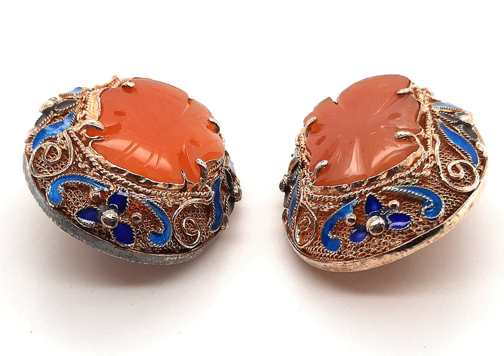 Carnelian & Enamel Gold Plated Silver Vintage Chinese Earrings