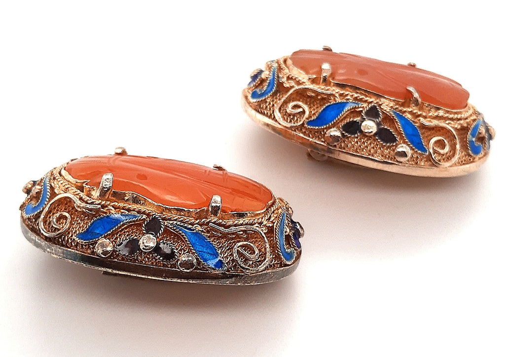 Carnelian & Enamel Gold Plated Silver Vintage Chinese Earrings