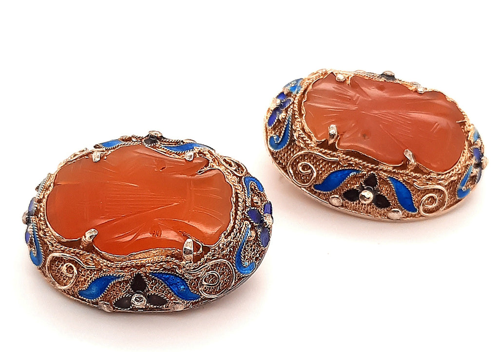 Carnelian & Enamel Gold Plated Silver Vintage Chinese Earrings