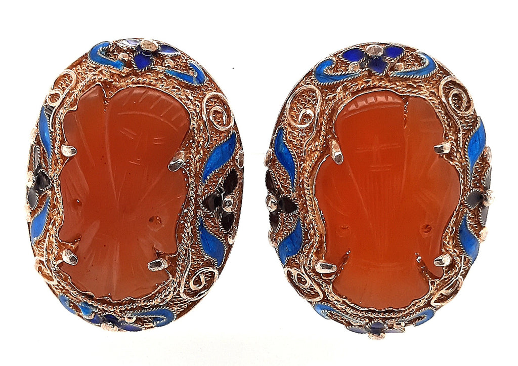 Carnelian & Enamel Gold Plated Silver Vintage Chinese Earrings