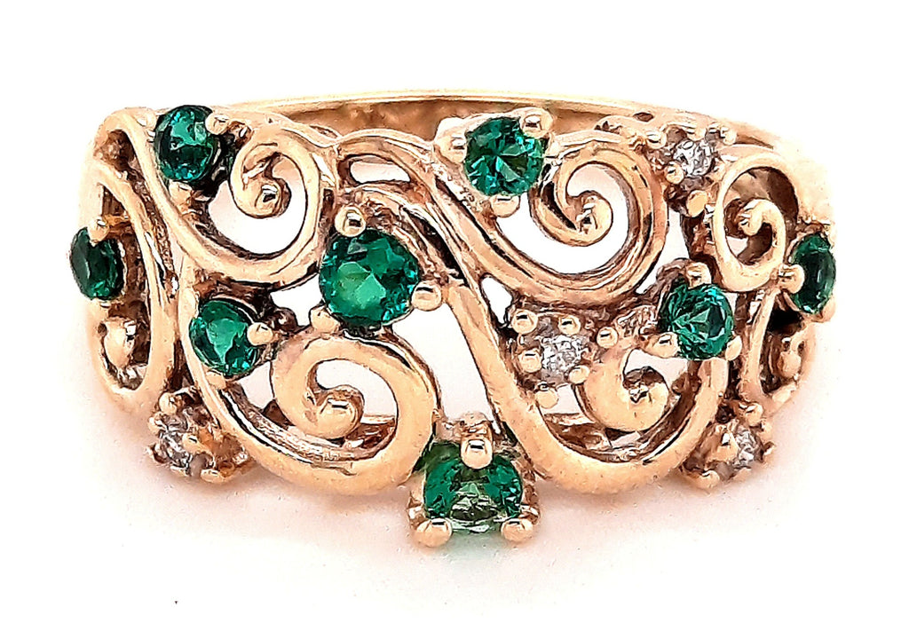 Emerald & Diamond 9ct Yellow Gold Flower Style Ring 