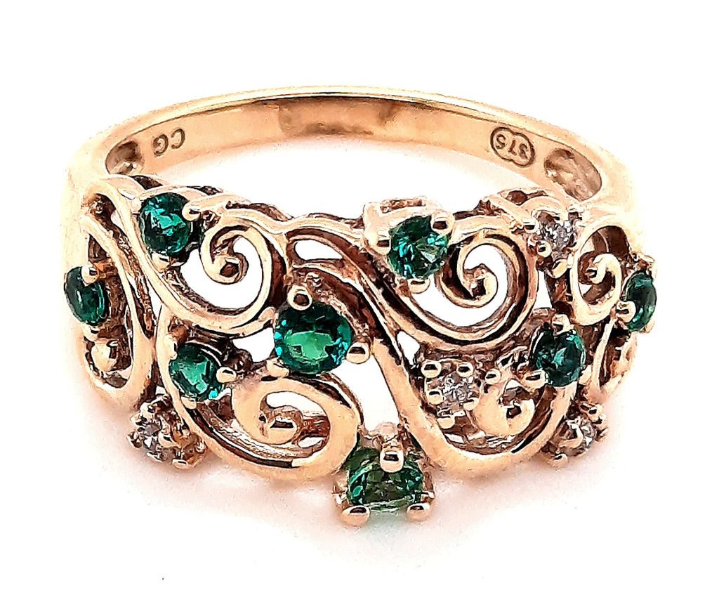 Emerald & Diamond 9ct Yellow Gold Flower Style Ring 