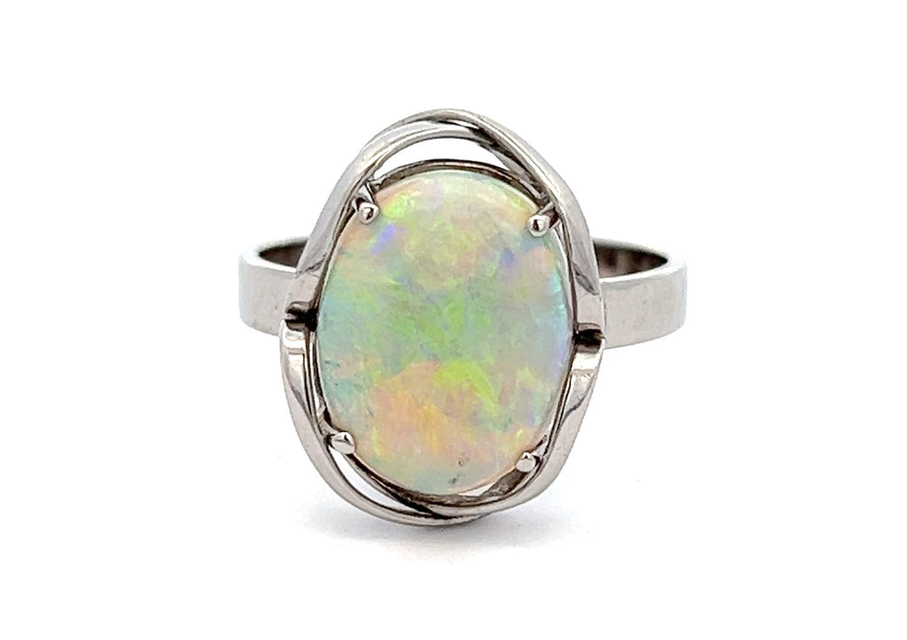 Light Opal & White Gold Ring with Strong Green/Blue Flash