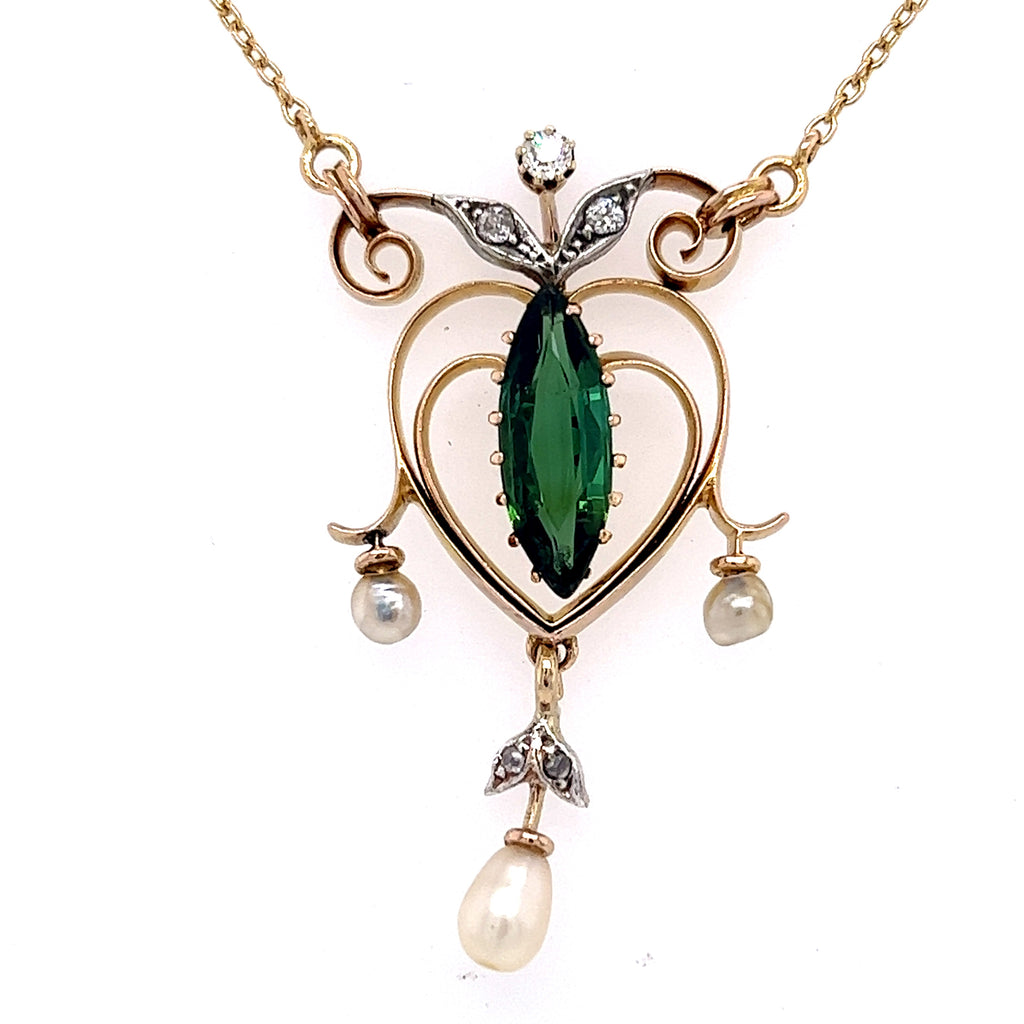 9ct Yellow Gold Seed Pearl, Diamond & Glass Vintage Necklace