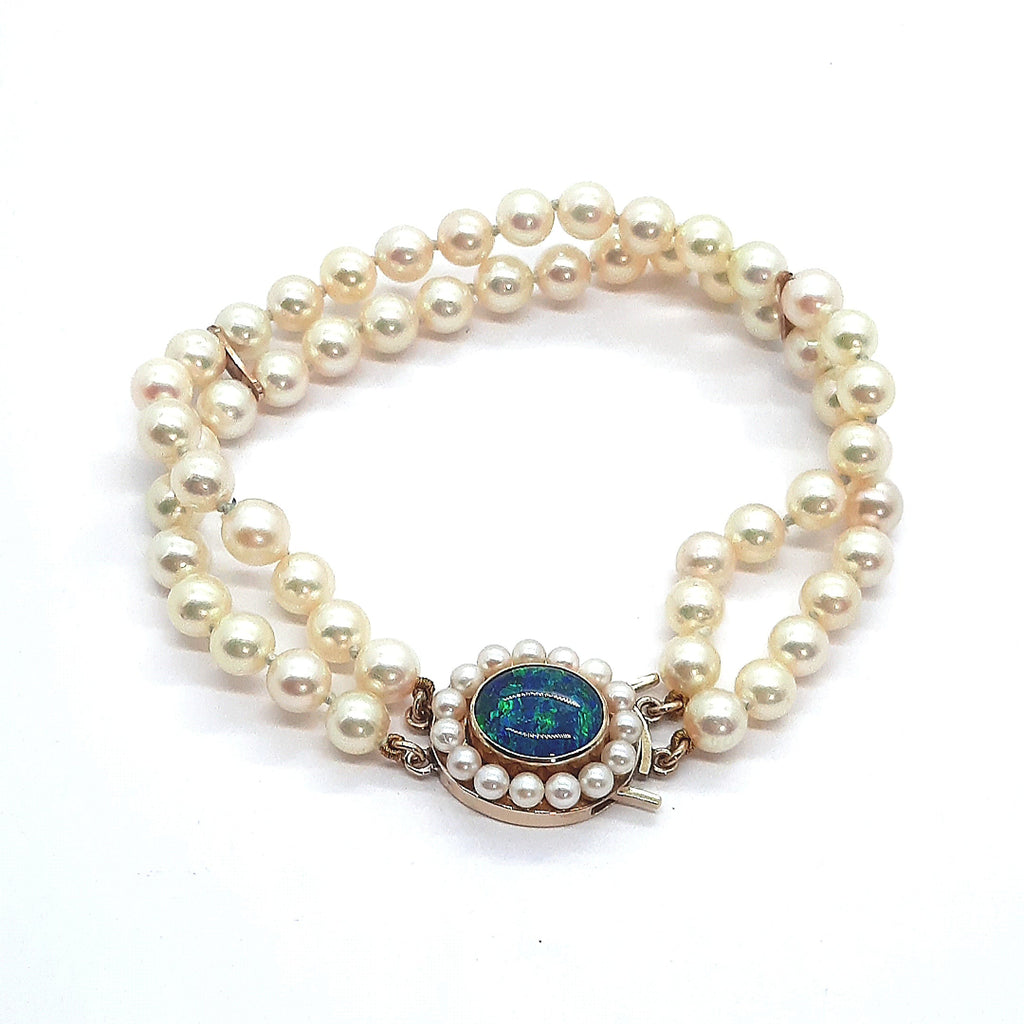 Cultured Pearl Bracelet with Opal Triplet & 9ct Yellow Gold Clasp