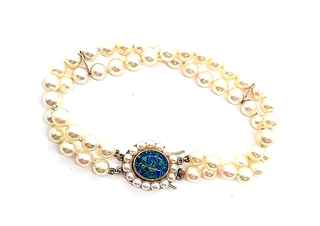 Cultured Pearl Bracelet with Opal Triplet & 9ct Yellow Gold Clasp