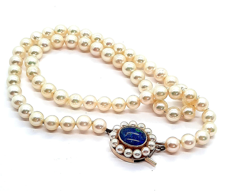 Cultured Pearl Strand with Opal Triplet & Yellow Gold Clasp
