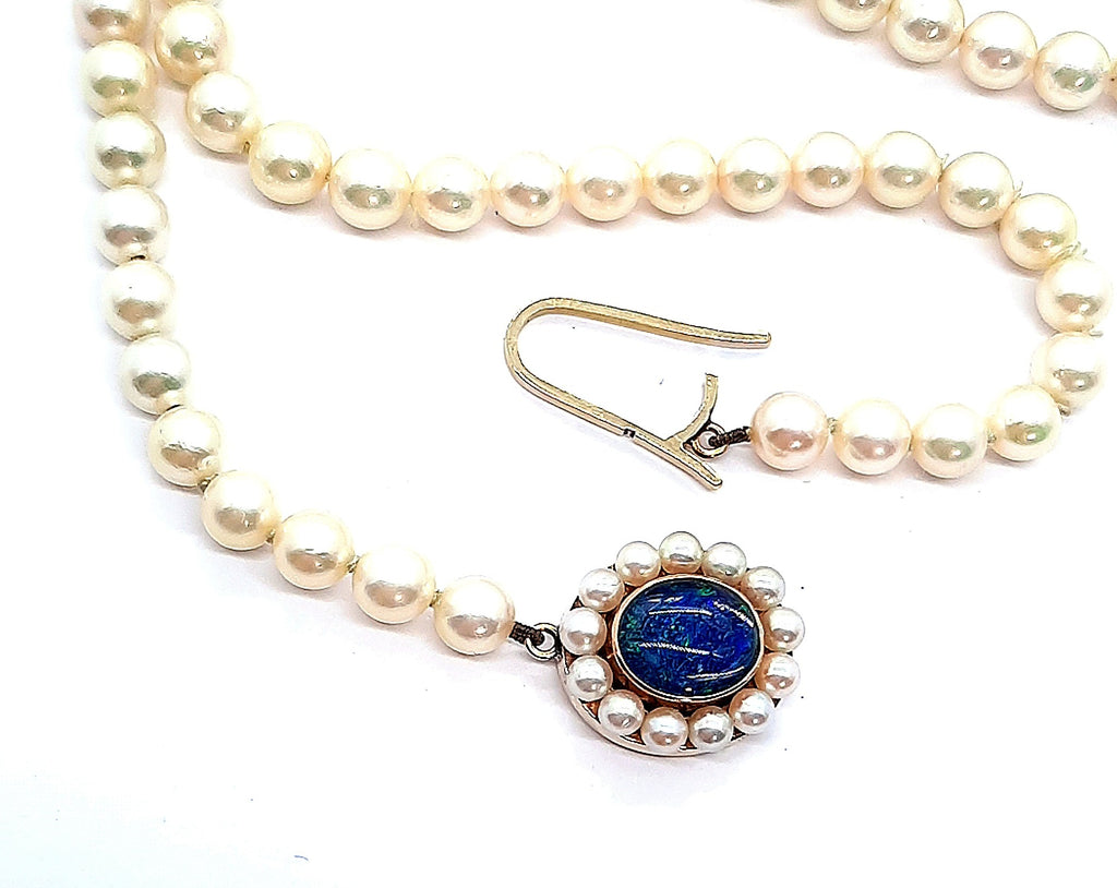 Cultured Pearl Strand with Opal Triplet & Yellow Gold Clasp