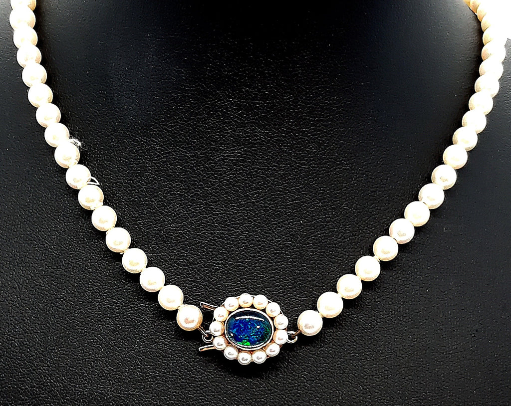 Cultured Pearl Strand with Opal Triplet & Yellow Gold Clasp