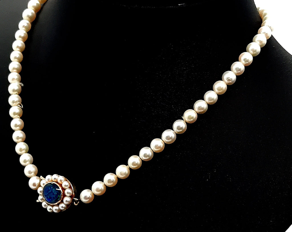 Cultured Pearl Strand with Opal Triplet & Yellow Gold Clasp