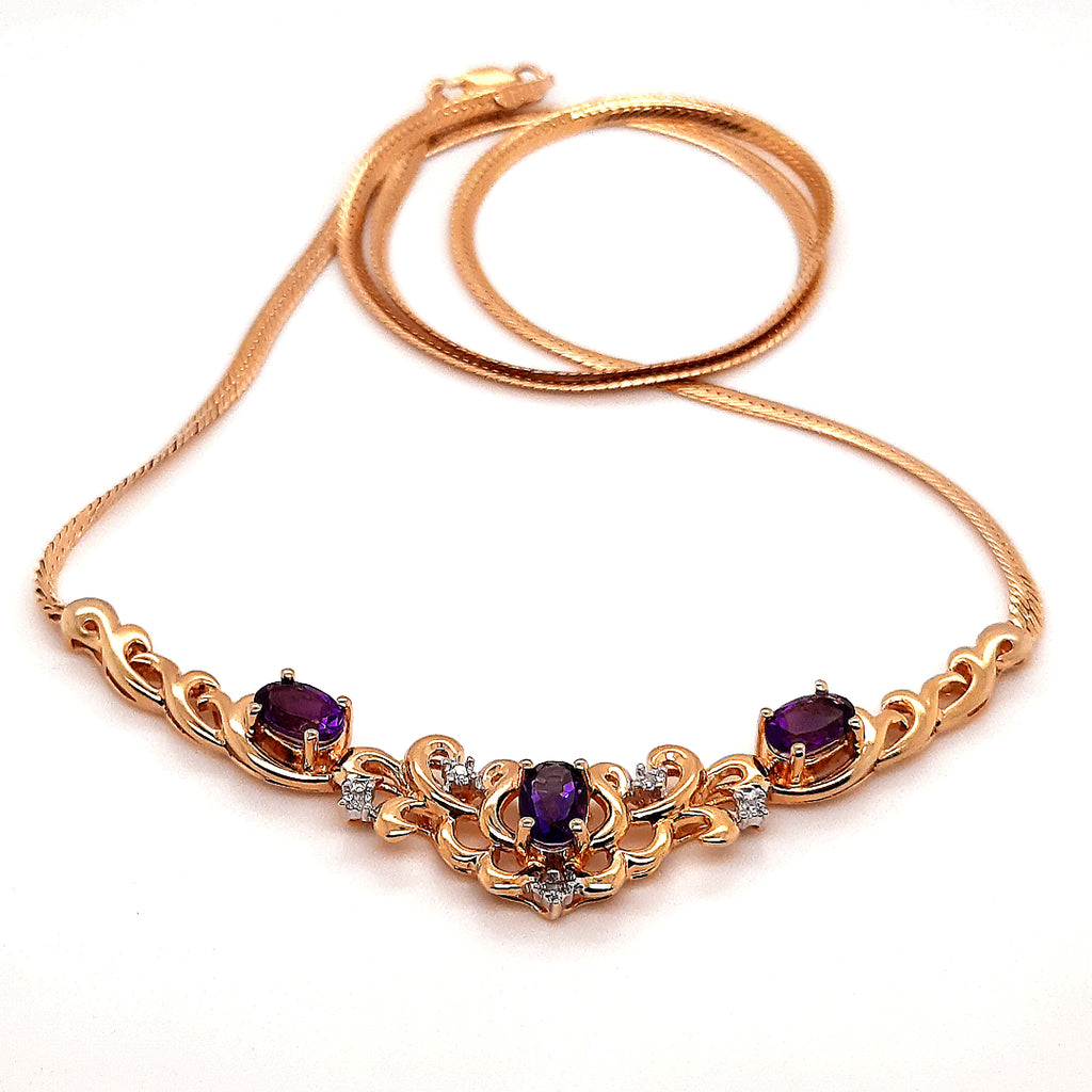 Amethyst & Diamond 9ct Yellow Gold Necklet with Serpentine Chain