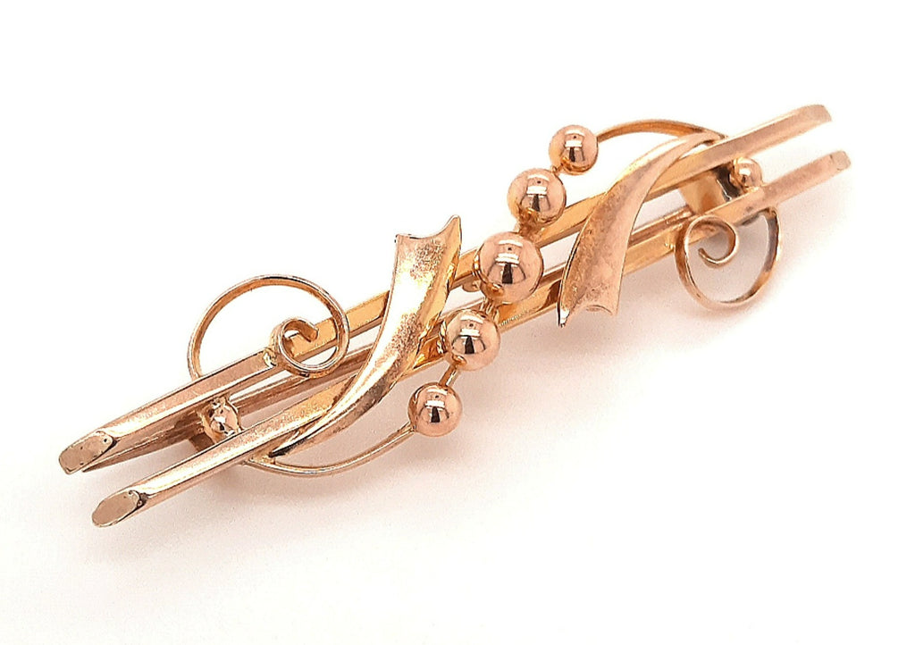 9ct Yellow Gold Double Bar Vintage Brooch with Swirl Style Front