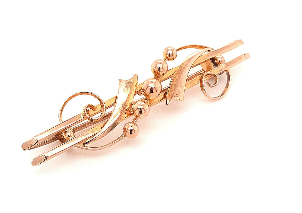 9ct Yellow Gold Double Bar Vintage Brooch with Swirl Style Front