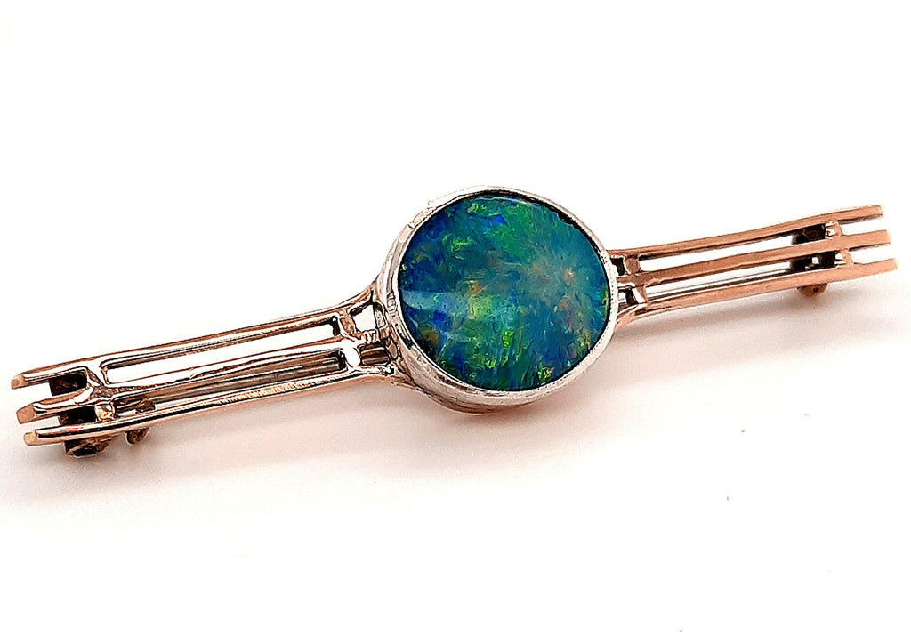 Opal 9ct Yellow & White Gold Three Bar Handmade Brooch