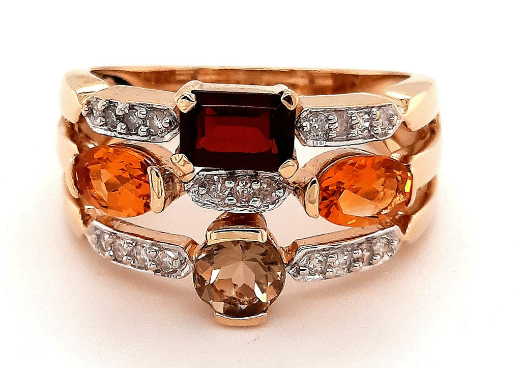 Diamond Citrine Garnet & Smoky Quartz 9ct Yellow Gold Ring