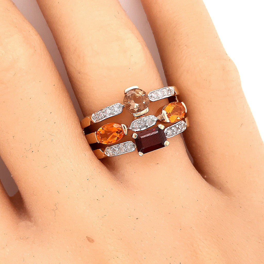 Diamond Citrine Garnet & Smoky Quartz 9ct Yellow Gold Ring