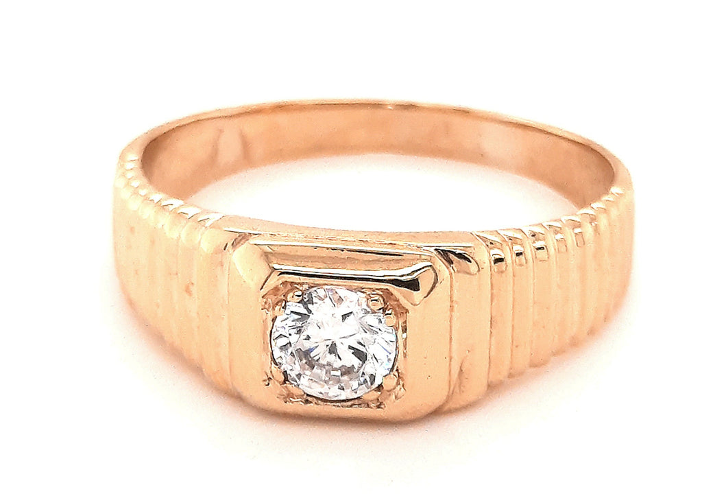 9ct Yellow Gold & Cubic Zirconia CZ Ring with Patterned Shoulders