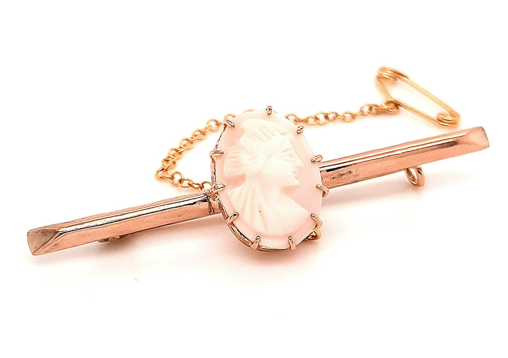Vintage 9ct Yellow Gold Cameo Bar Brooch with Safety Chain & Pin