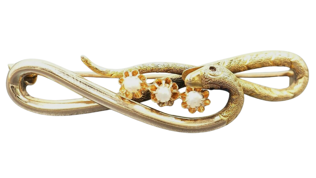 9ct Yellow Gold Pearl Snake Style Claw Set Brooch
