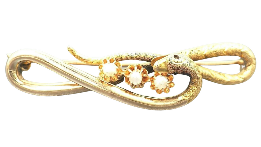 9ct Yellow Gold Pearl Snake Style Claw Set Brooch