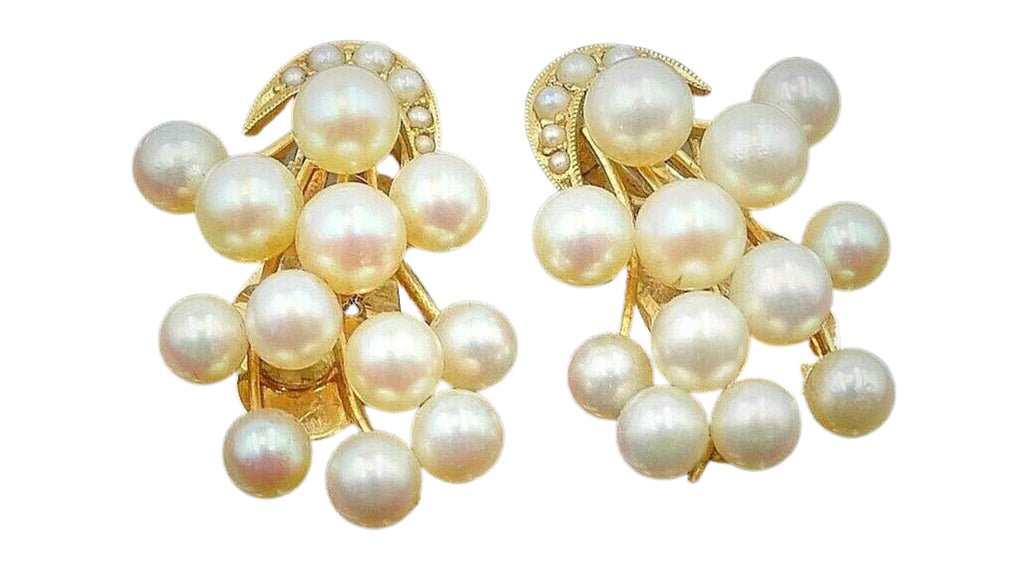 Vintage 14ct Yellow Gold Seed Pearl Clip On Earrings