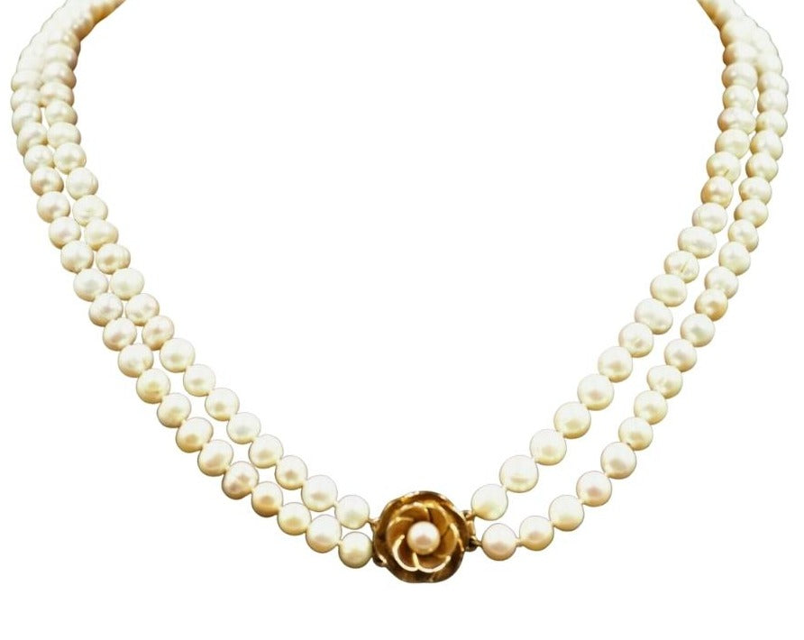 9ct Yellow Gold Double Strand Cultured Pearl Necklace