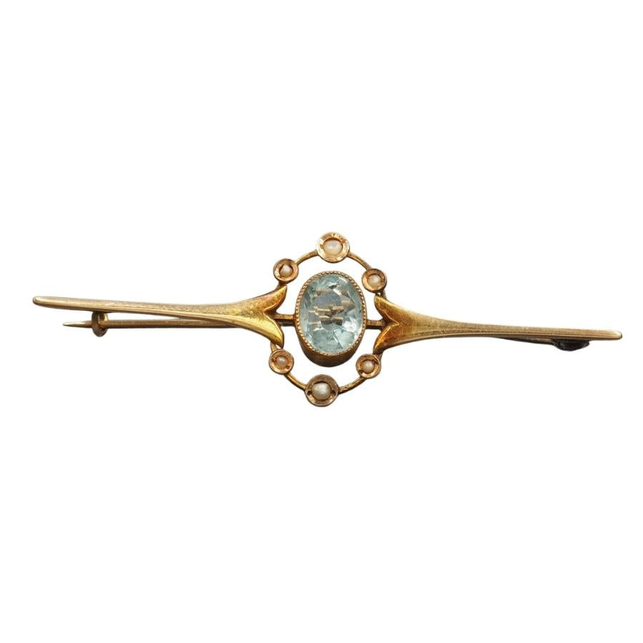15ct Yellow Gold Seed Pearl & Blue Paste Brooch